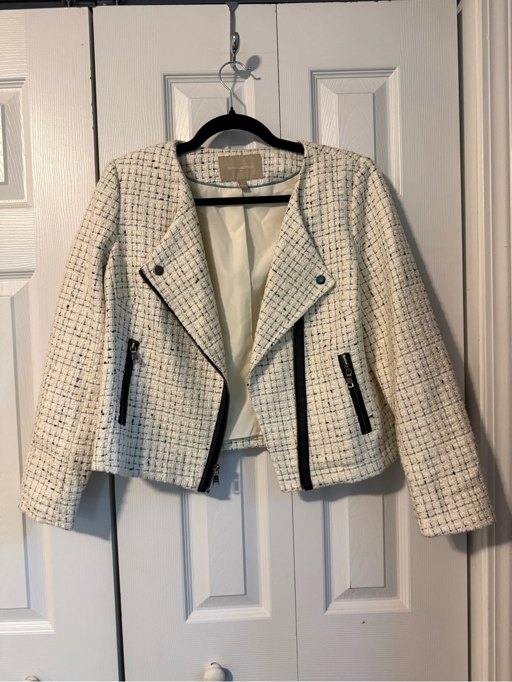 Banana Republic Cream Tweed Moto-Style Blazer with Black Trim
